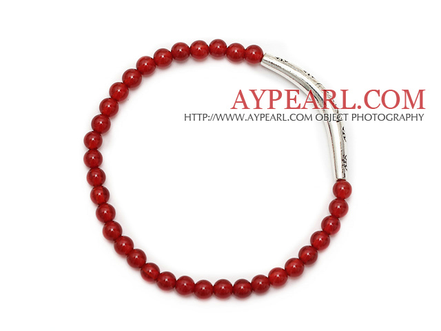 Une note de mode ronde agate rouge et argent tibet tube de charme bracelet de perles