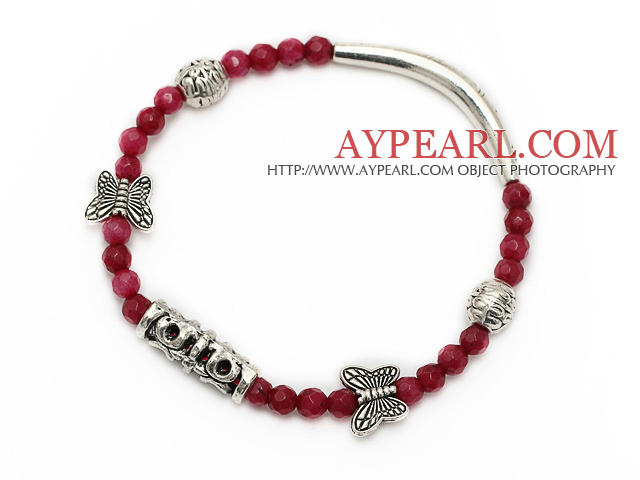 facetterad rund röd jade och Tibet silver tube fjäril pärlor charm armband