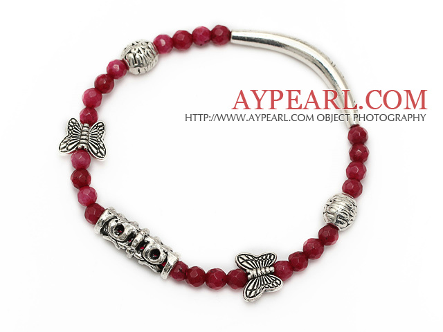 fasetterte runde rød jade og tibet sølv tube butterfly sjarm perler armbånd