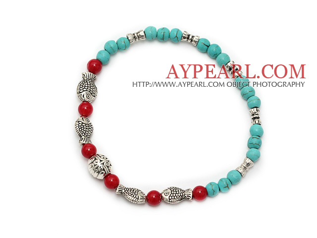 nice round 4mm blue turquoise coral and tibet fishes charm beaded bracelet