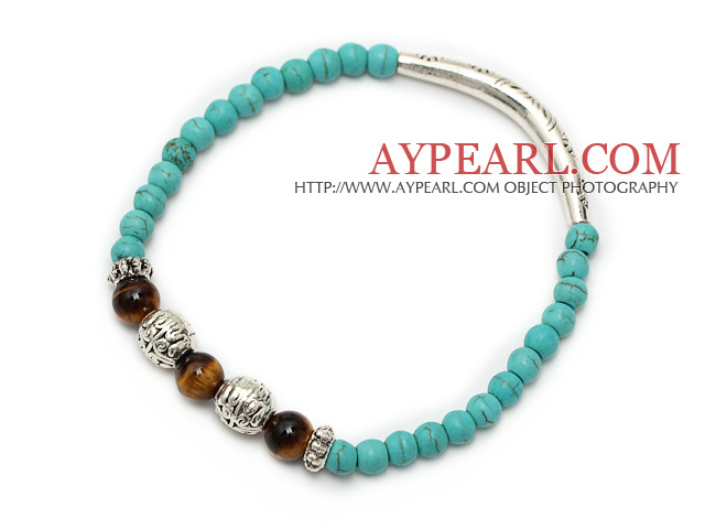 fashion round blue turquoise tiger eye and tibet silver tube charm beaded bracelet