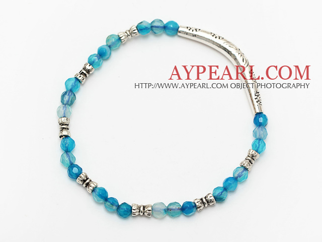 faceted 4mm blue agate and tibet silver tube charm beads bracelet