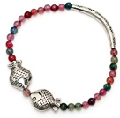 Round Colorful Agate and tibet silver double fishes tube charm bracelet