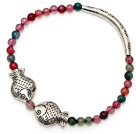 Runde Bunte Achat und Tibet-Silber Doppel Fische Rohr Bettelarmband