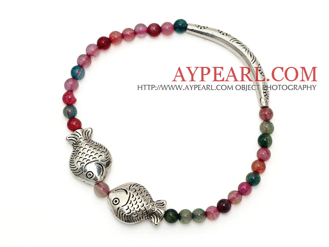 Round Colorful Agate and tibet silver double fishes tube charm bracelet