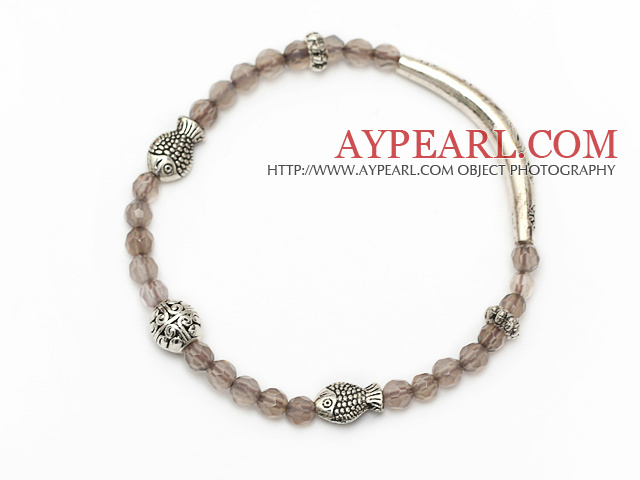 lovely round gray agate and tibet silver fish tube charm beads bracelet