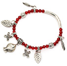 Wholesale fashion A grade round red agate and tibet silver fish leaf charm beads bracelet