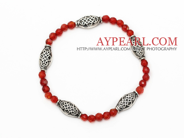 nice faceted round red agate and tibet silver carved charm beads bracelet