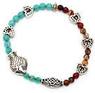 belle jade rond bleu et multi agate argent tibet charme de coeur bracelet de perles de poisson