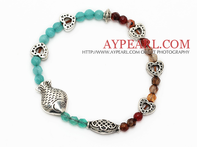 vacker rund blå jade och multi agat Tibet silver fisk hjärta pärlor charm armband