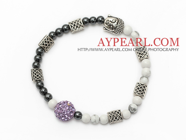 härlig volfram stål sten och vitt turkos och Tibet silver buddhu huvudet lila pärlor Rhinestone armband