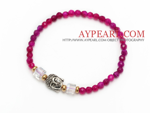 underbart 4mm runda rose agat och Tibet silver buddhu huvudet pärlor charm armband
