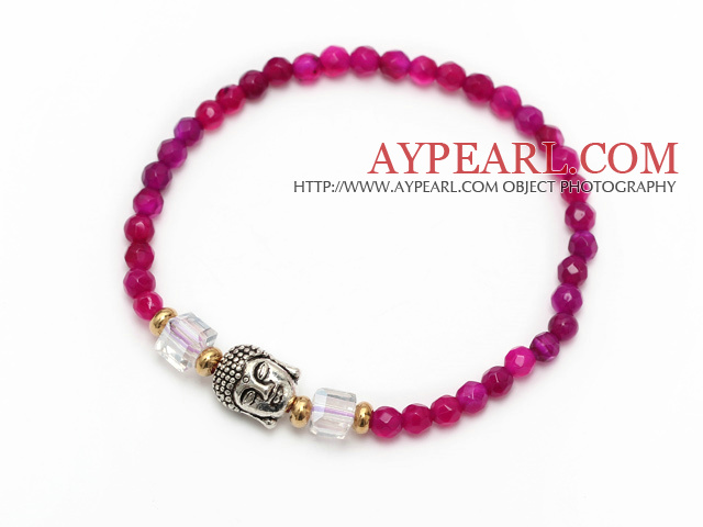 merveilleux 4mm ronde rose agate et argent tibet Buddhu tête charme bracelet de perles