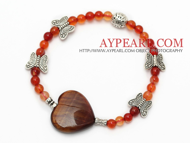 fashion round natural color agate heart shape tiger eye and butterfly charm bracelet