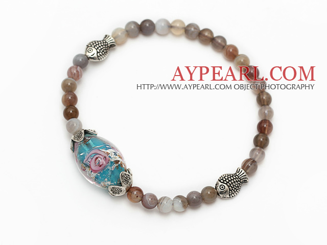 beau rond gris persan agate glacis de couleur et argent tibet poisson charme bracelet de perles