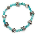 Mode runden blauen Jade und Tibet Silber Herz Fisch Schmetterling Charme Armband