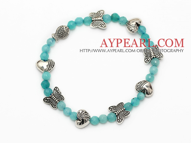 Mode runden blauen Jade und Tibet Silber Herz Fisch Schmetterling Charme Armband