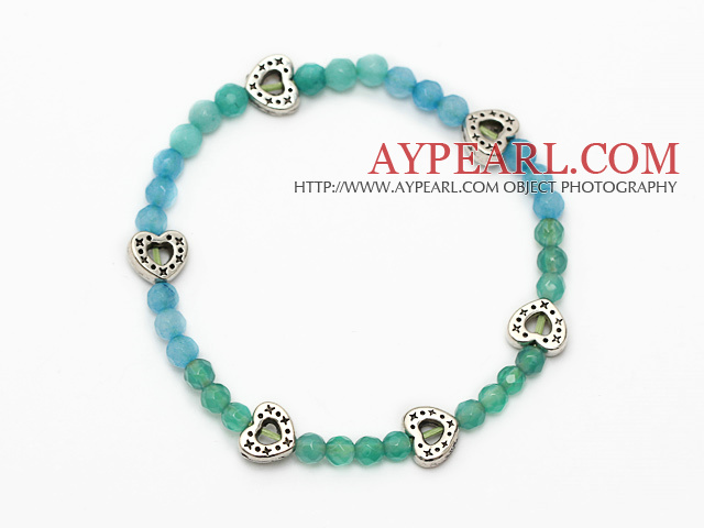 fashion round blue jade green agate and tibet silver heart charm beads bracelet