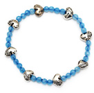 fin runde blå jade og tibet sølv hjerte sjarm perler armbånd