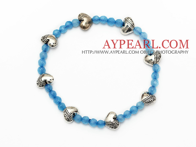 nice round blue jade and tibet silver heart charm beads bracelet