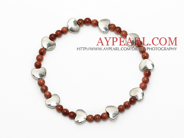 eleganta runda Goldstone och Tibet silver hjärta charm pärlstav armband