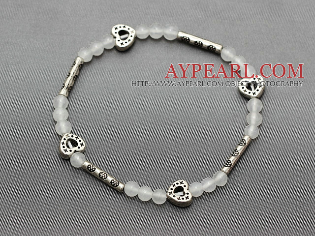 elegant 4mm round white jade and multi tibet silver carved tube heart charm beads bracelet
