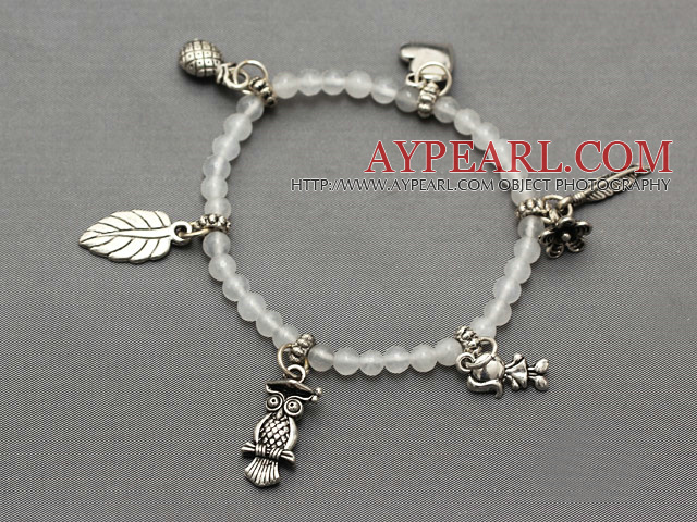 nice white jade and multi tibet silver leaf owl heart charm beaded bracelet