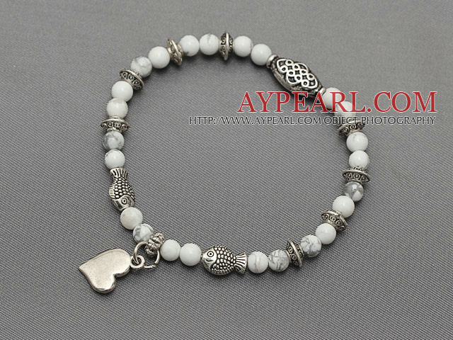 soft round white turquoise and multi tibet silver fish heart charm beaded bracelet
