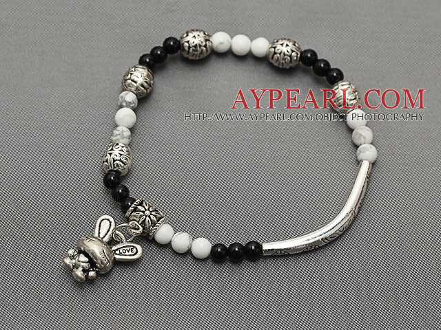 delicate round black agate and white turquoise and multi tibet silver rabbit charm bracelet