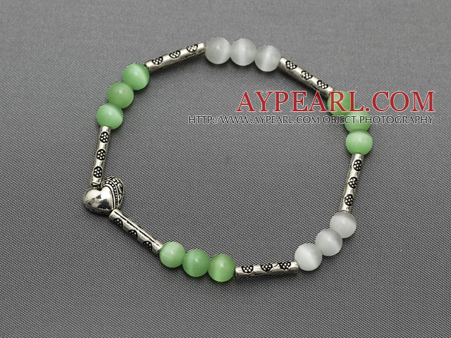 schöne 6mm grün weiß Katzenauge und Tibet-Silber schnitzte Rohr Herzen Charme Perlen Armband
