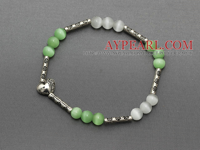 nydelig 6mm runde grønn hvit katt øye og tibet sølv skåret tube hjerte sjarm beaded armbånd