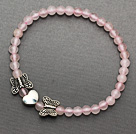 lovely 4-10mm round rose quartz and tibet silver butterfly heart charm beads bracelet