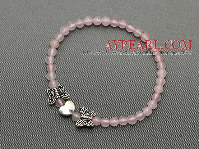 lovely 4-10mm round rose quartz and tibet silver butterfly heart charm beads bracelet