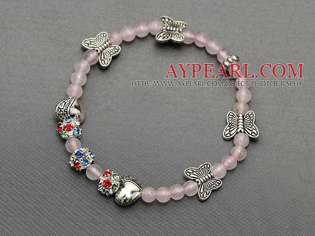 delicate soft 4mm rose quartz and tibet silver butterfly charm colorful rhinestone beaded bracelet
