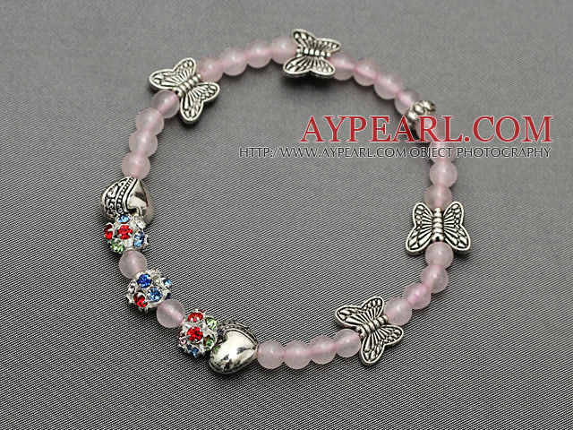 delicate soft 4mm rose quartz and tibet silver butterfly charm colorful rhinestone beaded bracelet