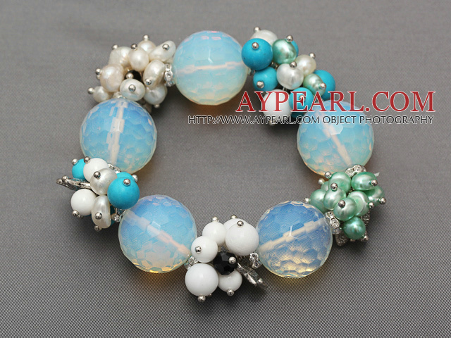 facettes ronde opale et grappe de perles turquoise agate bracelet en pierre de porcelaine