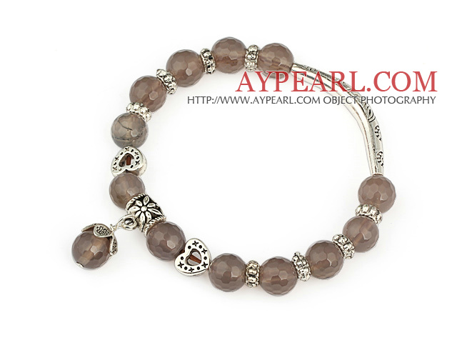 fashion faceted 8mm round gray agate and tibet silver tube heart charm beads bracelet