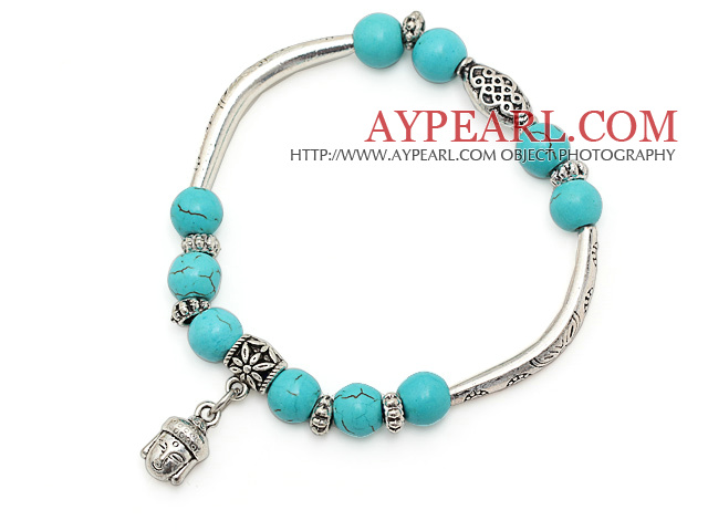 lovely 8mm round blue turquoise and mutli tibet silver tube buddhu head charm beads bracelet