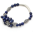 fashion cluster 6mm round lapis stone and tibet silver tube horn charm bracelet