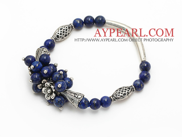 fashion cluster 6mm round lapis stone and tibet silver tube horn charm bracelet