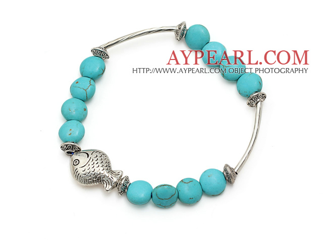 lovely 8mm flat round blue turquoise and tibet silver tube fish charm bracelet