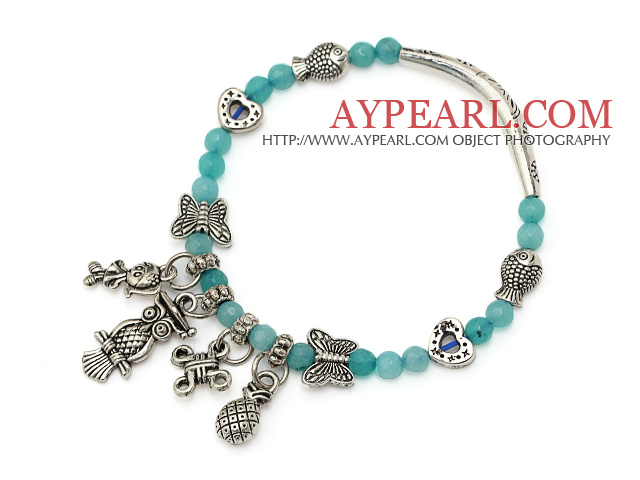 nice 4mm blue jade and multi tibet silver fish butterfly heart bag owl charm beaded bracelet