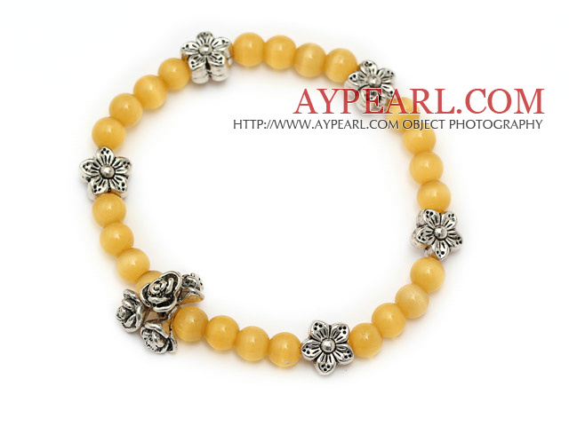 beau jaune ronde oeil de chat et le Tibet fleur de charme d'argent bracelet en perles