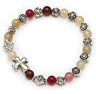 lovely 6mm three color jade and tibet silver flower cross charm beads bracelet