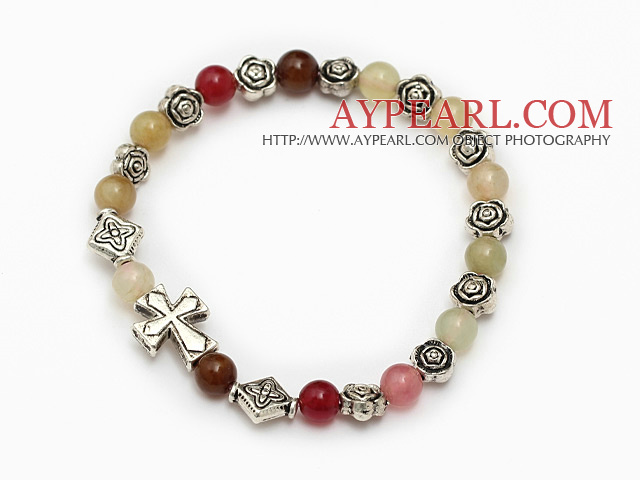 lovely 6mm three color jade and tibet silver flower cross charm beads bracelet