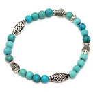 belle 6mm ronde bleu turquoise et le Tibet charme de poissons d'argent bracelet en perles