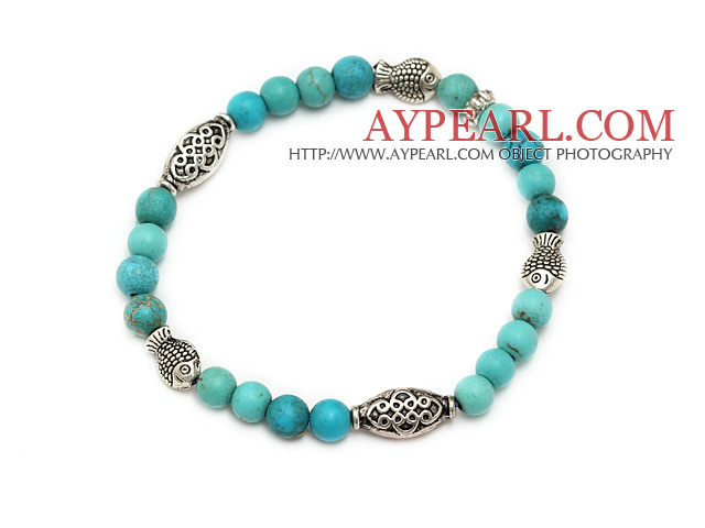 nice 6mm round blue turquoise and tibet silver fish charm beaded bracelet