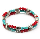 Wholesale fashion 4mm double strands round blue turquoise and red coral tibet silver charm elastic bracelet