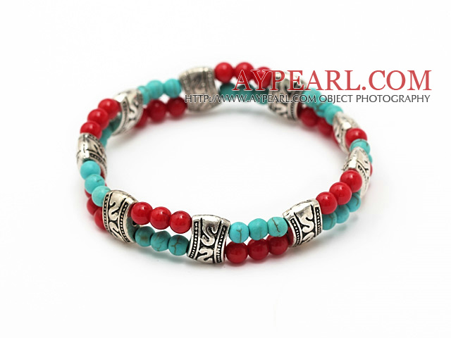 fashion 4mm double strands round blue turquoise and red coral tibet silver charm elastic bracelet