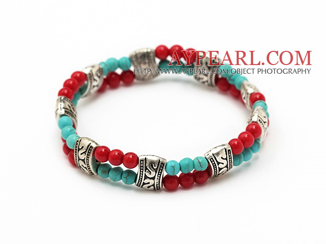 fashion 4mm doble tråder runde blå turkis og rød korall tibet sølv sjarm elastisk armbånd